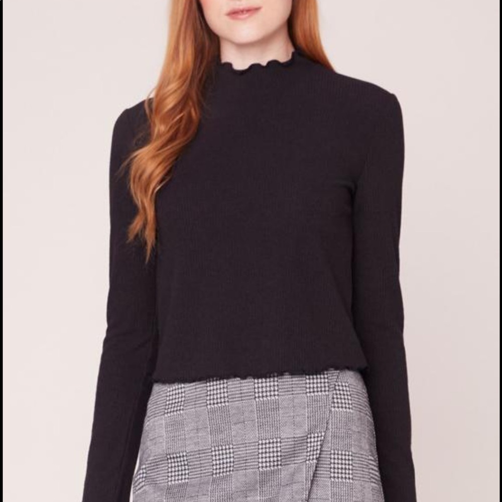 BB Dakota Best Intentions Ribbed Knit Ruffle Neck Long Sleeve Top Black Sz Small